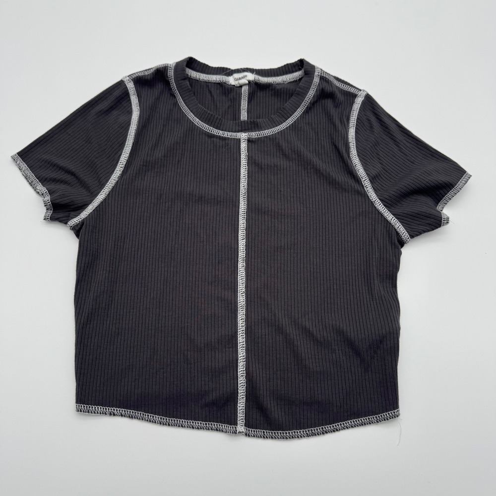 Garage Womens Black Ribbed‎ Contrast Stitch Exposed Seam Crop Top Small